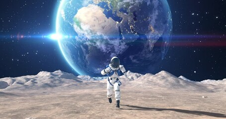 Wall Mural - brave young male astronaut in space suit confidently running on mars. planet earth is visible in sky