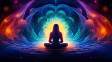 Human Meditate, Yoga. Psychic Human Considers Mind And Heart. Spirituality, Esotericism, Universe, Cartoon Style,  Generative AI Illustration
