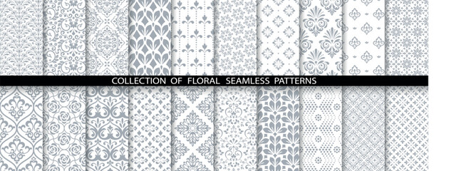 Geometric floral set of seamless patterns. White and gray vector backgrounds. Damask graphic ornaments