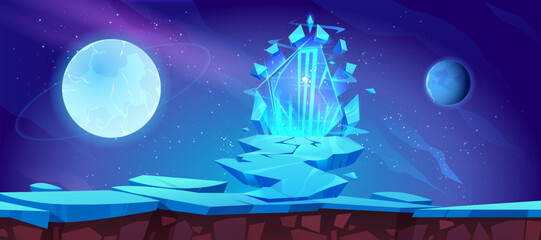 Wall Mural - space game platform with magic ice portal. vector cartoon illustration of stone bridge covered with 