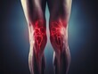 Human knee joint with painful rheumatoid arthritis disease area glowing red. Generative AI