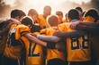 Teenage boy high school football team connecting hands in huddle  - Generative AI