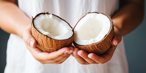 Two halves of a coconut close-up in hands. Healthy food. Generative AI