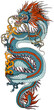 Chinese azure or blue dragon in vertical position. A head facing towards the left side and baring its teeth, a serpent-like body, elegantly coiled around a central focal point. Traditional tattoo