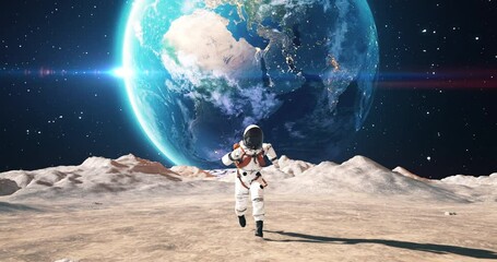 Wall Mural - astronaut running on a planet surface. making first steps. planet mars colonization concept. space r