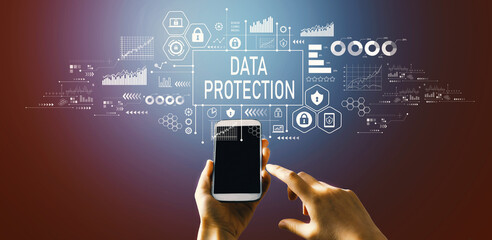 Data protection theme with hand pressing a button on a technology screen