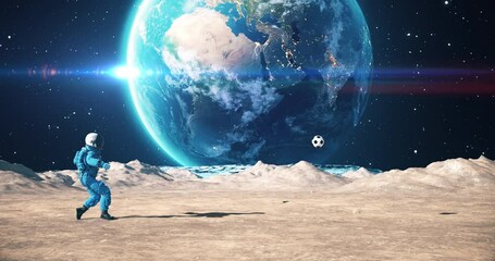 Wall Mural - astronaut on an alien planet playing soccer. space related majestic scene. slow motion.