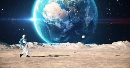 Wall Mural - astronaut on an alien planet playing soccer. planet earth is visible. space related majestic scene. 