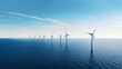 An offshore wind farm stands tall amidst blue waters and under expansive blue skies, with white wind turbines harnessing nature's power. Generative AI