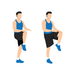 Wall Mural - Man doing High knees. Front knee lifts. Run. and Jog on the spot exercise. Flat vector illustration isolated on white background