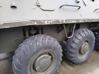 Military equipment, a close-up battle tank on a tracked track