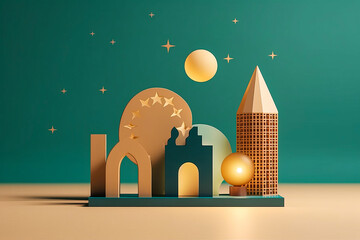 Invitingly serene 3D Ramadan symbols in minimalist style, strikingly illustrating Islamic tradition and spirituality. Densely powerful image stirring emotions. Generative AI