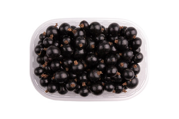 Sticker - black currant berries in plastic box isolated on white background, fresh berries in plastic container