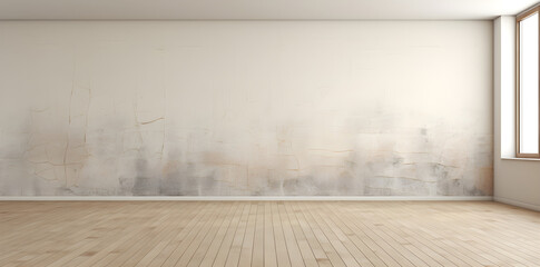 empty loft style room with window interior distressed plaster bare wall wooden floor background