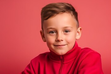 Poster - Portrait of a cute little boy in a red jacket on a pink background