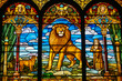 Captivating Stained Glass style depiction of the biblical story, Daniel in the Lions' Den. Vivid portrayal educates on catholic cathedral's religious tradition. Generative AI