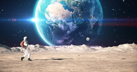 Wall Mural - young astronaut on an alien planet playing soccer. shooting slowly. planet earth is visible. space r