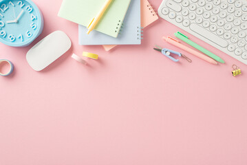 set yourself up for success! top view of back-to-school items like copybooks, pens, clock, computer 