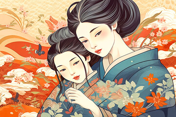 Poetic Ukiyo-e style artwork featuring endearing mother & daughter cherishing a moment amidst nature for a touching Mother's Day observance. Generative AI