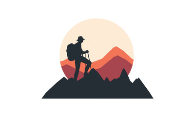 Mountain climber hiking or trekking with backpack walking in mountain silhouette mountain logo