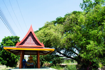 Ancient shrine for thai people travel visit respect praying blessing buddha and angle deity wish holy mystery worship myth at Wat See Roy or Si Roi temple at Wiset Chai Chan city in Ang Thong Thailand