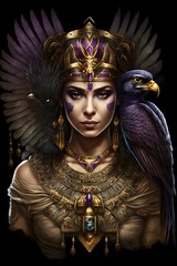 Wall Mural - Illustration of an Egyptian queen with regal headdress and necklace in dark purple and gold accents with a bird of prey around her. Generative AI.