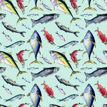 Various Sea Fishes Seamless Pattern Watercolor Illustration Isolated On Blue. Wild Fish, Tuna, Salmon, Herring, Anchovy Hand Drawn. Design Element For Textile, Packaging, Paper, Wrapping, Background