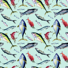 Various sea fishes seamless pattern watercolor illustration isolated on blue. Wild fish, tuna, salmon, herring, anchovy hand drawn. Design element for textile, packaging, paper, wrapping, background