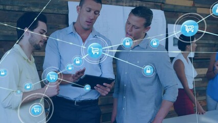 Poster - Animation of network of digital icons against three diverse men discussing over a tablet at office