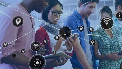 Poster - Animation of network of digital icons against diverse man and woman discussing at office