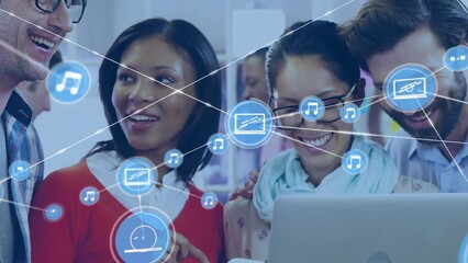 Poster - Animation of network of digital icons against diverse colleagues smiling looking at laptop at office