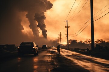 Wall Mural - A person walking down a road with smoke in the background. Generative AI image.