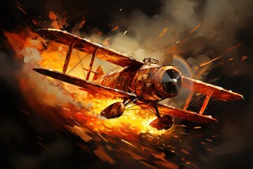 Wall Mural - A painting of a plane with flames coming out of it. Generative AI image.