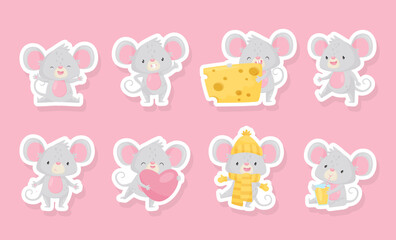 Canvas Print - Cute Mouse as Funny Little Animal Engaged in Different Activity Vector Sticker Set