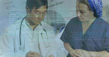 Poster - Animation of infographic interface, computer language, diverse doctors and nurse talking in hospital