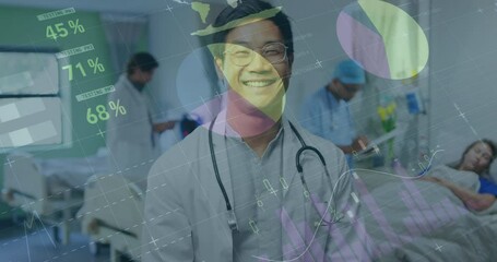 Poster - Animation of graphs and infographic interface over smiling asian doctor standing in hospital