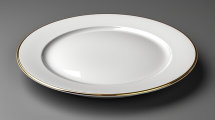 Poster - A white plate with a gold rim on a gray surface. Generative AI image.