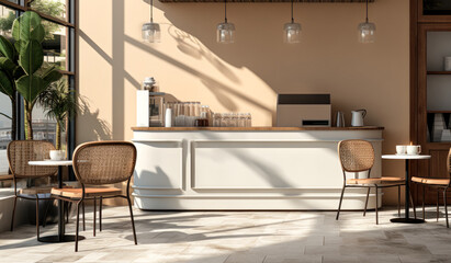 cafe de luxe: sun-kissed tiles, rattan chairs, and coffee table harmony in beige brown stucco settin