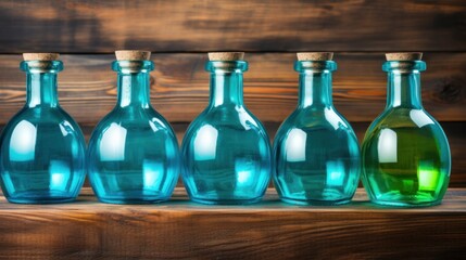 Wall Mural - A row of blue glass bottles sitting on top of a wooden table. Generative AI image.