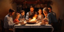 Detailed Traditional Oil Painting Of A Family Thanksgiving, Generative Ai