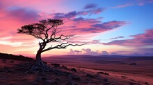 A Lone Tree In The Desert At Sunset. Generative AI Image.