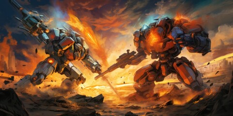 Wall Mural - Dynamic Poses in a Colorful Mecha Battle, generative ai