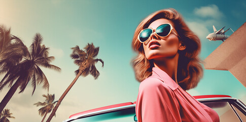 Wall Mural - pop art style banner wallpaper of a beautiful girl model with  retro vintage sunglasses, in a old car, 70s mood iconic concept theme