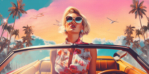 Wall Mural - pop art style banner wallpaper of a beautiful girl model with  retro vintage sunglasses, in a old car, 70s mood iconic concept theme