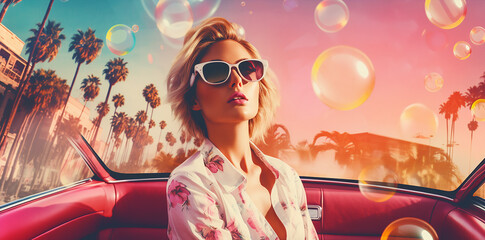 Wall Mural - pop art style banner wallpaper of a beautiful girl model with  retro vintage sunglasses, in a old car, 70s mood iconic concept theme