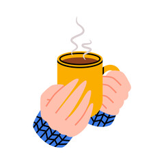 Sticker - Hand Holding Coffee Cup with Aromatic Drink Steaming Vector Illustration