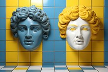 A Couple Of Statues That Are On A Wall. Generative AI Image.