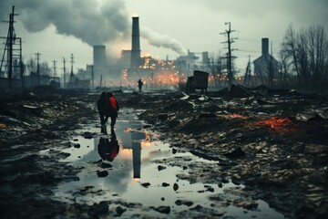 Sticker - A person walking down a muddy road in front of a factory. Generative AI image.