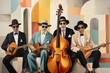 A painting of a group of men playing instruments. Generative AI image.