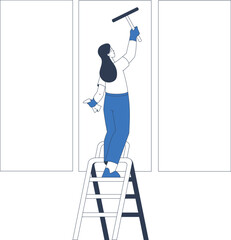 Poster - Cleaning Service with Professional Woman Worker Character Scrub Window Vector Illustration